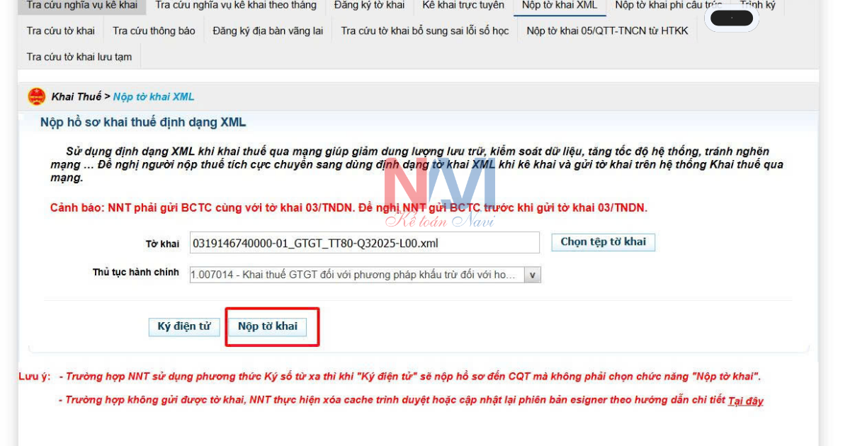 Giao diện hiển thị khi nộp hồ sơ khai thuế