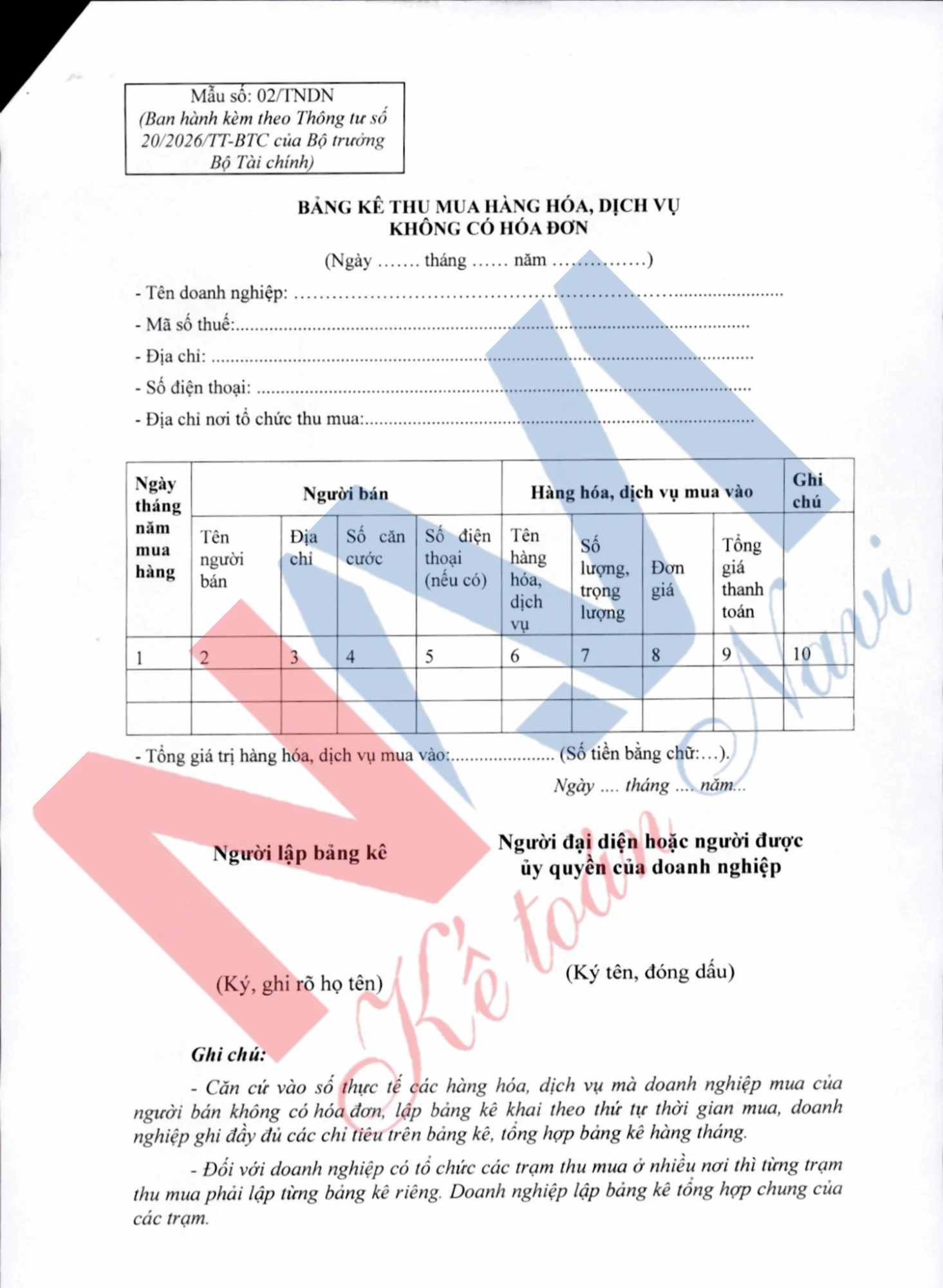 Mẫu số 02/TNDN Bảng kê mua hàng hóa, dịch vụ không có hóa đơn